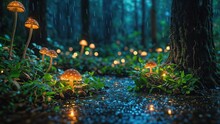 A Group Of Glowing Mushrooms In A Rainy Forest.