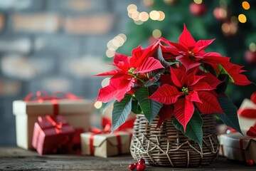 Sticker - Poinsettia in wicker pot with space for text on blurred holiday background Traditional Christmas flower