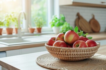 Sticker - Selective focus on a wooden table top against a blurred kitchen counter background suitable for product display or visual design layout