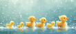 little yellow ducks on the blue background, spring time