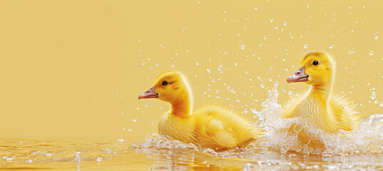 Wall Mural - Two little yellow Geese on the yellow background