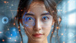 © Emiliia - An Asian female model showcasing facial recognition technology with network pattern on her skin