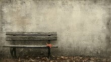 Sparse Park. Weathered Wooden Bench. Single Fallen Leaf. A Scene Of Quiet Solitude, Capturing The Essence Of Autumn