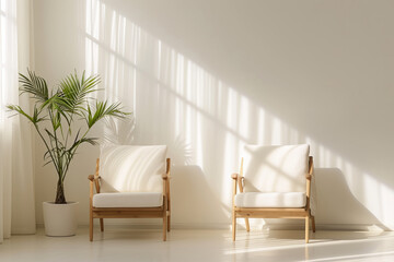 Two comfortable chairs in a living room with a potted plant. Minimalism. Generative AI