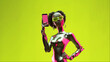 © Christian Müller - full body shot of a futuristic influencer using a cell phone, she is half robot and wears futuristic neon fashion clothes, afrofuturism