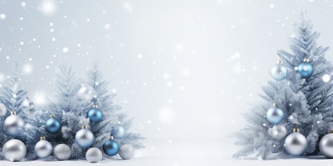 Wall Mural - Silver and blue decorated Christmas tree banner with lights on white background, providing space for text.