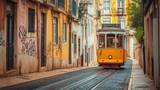 Fototapeta Uliczki - The famous vintage yellow tram 28 navigates through the narrow streets of Alfama district in Lisbon, Portugal. It symbolizes Lisbon's charm and is a popular travel destination and tourist attraction