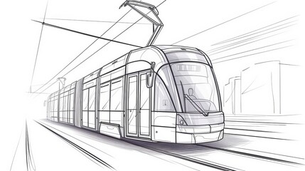 A vector contour image representing modern electric tram, symbolizing the development of green energy in urban transport, depicted in a single line