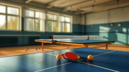 Wall Mural - In a sports hall, there's a ping pong table set up with rackets and balls, ready for a game