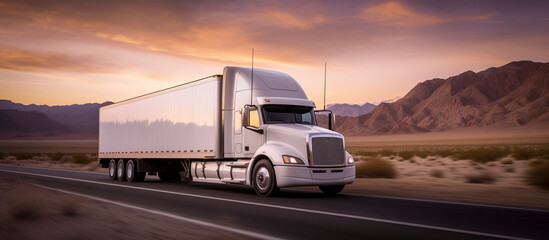 loaded american truck on a road at sunset - truck cargo transportation concept