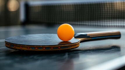 Wall Mural - An orange table tennis ball rests on a black table tennis racket, placed on a black table