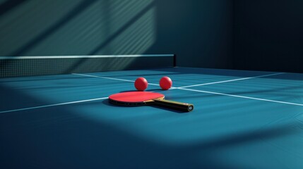 Wall Mural - A 3D rendering depicting a blue table tennis table with red rackets placed on it, set in a dark room with sunlight streaming in