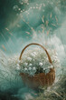 A wicker basket filled with baby's breath flowers surrounded by rolling mist and fog