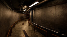 Long Dark Grungy Basement Tunnel In An Old Industrial Building. 3D Render..