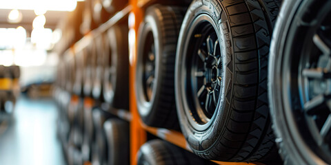 New car wheel and tires on tire storage rack