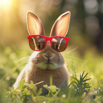 A stylish domestic rabbit basks in the warm sun amidst a sea of lush green grass, embodying the carefree spirit of wild hares like the audubons cottontail, mountain cottontail, and eastern cottontail