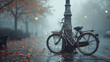 A rusted bicycle chained to a lamppost on a foggy city street, a relic of times past.