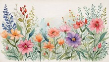 Watercolor Drawing Of Wild Flowers On A White Background.