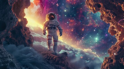 Wall Mural - astronaut in a space suit walking on clouds on a planet
