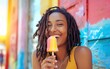 smiling woman eating ice cream 
