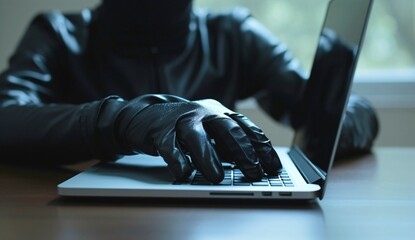 hacker working on computer, cybercriminal in black clothes put his hand in a leather glove on the computer keyboard 