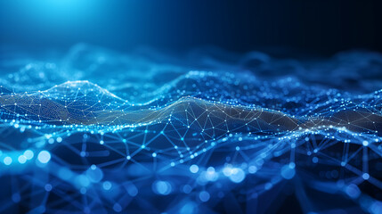 Abstract digital technology background with a flowing blue network mesh wave, representing data, connection, and high-tech communication.