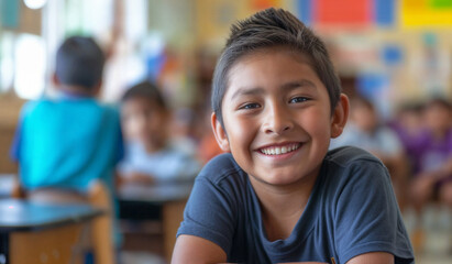 a young native american indian boy in his school classroom