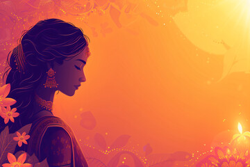 Wall Mural - Beautiful indian woman wearing traditional indian costume saree and kundan jewelry on orange background with copy space. Ugadi or Gudi Padwa celebration. Hindu New Year. Religion and ethnic concept