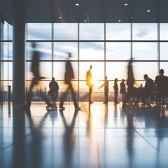 Blurred business office interior with panoramic windows and beautiful lighting, showcasing the elegant and productive work environment with silhouettes of businesspeople.