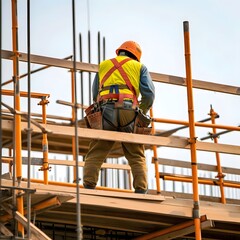 Back view of a construction worker in safety gear working on the roof structure of a building at a busy construction site.