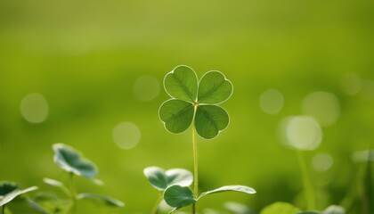 Four leaf clover bringing good luck on a green blurred background. St.Patrick 's Day