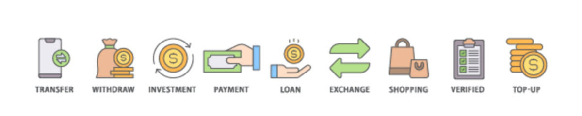 Poster - Mobile banking icon set flow process illustrationwhich consists of transfer, withdraw, investment, payment, loan, exchange, shopping, verified and top up icon live stroke and easy to edit 