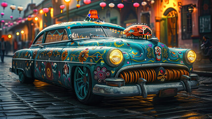 Canvas Print - illustration of a car painted for Mexican Day of the Dead.