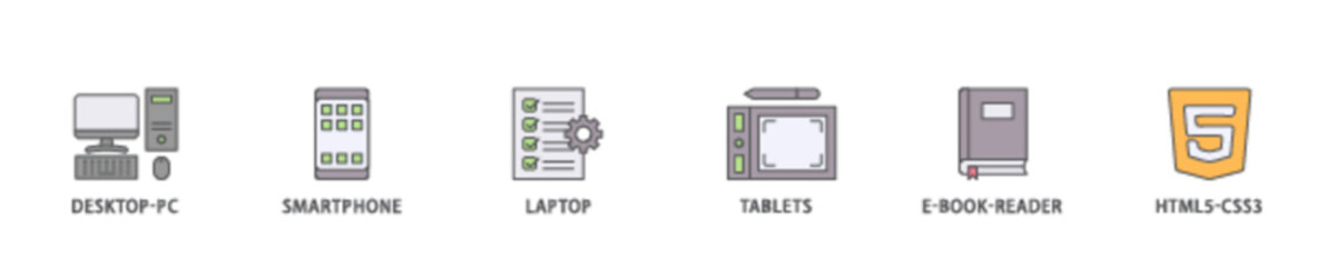 Responsive web design icon set flow process illustrationwhich consists of tablets, html5 css3, e book reader, laptop, smart phone, desktop pc icon live stroke and easy to edit 