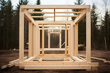 house Framed Construction, wooden house, inside construction site, wooden beams,