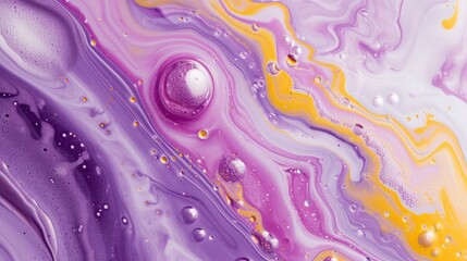 a Purple and yellow swirl pattern wallpaper with bubbles, in the style of conceptual painting, delicate chromatics, fluid acrylics, white background, mixes painting and ceramics - generative ai