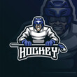 Hockey mascot logo design vector with modern illustration concept style for badge, emblem and t shirt printing. Hockey illustration with stick in hand.