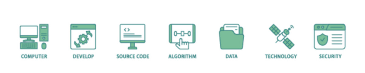 Programming icon set flow process illustrationwhich consists of computer, develop, source code, algorithm, data, technology and security icon live stroke and easy to edit 