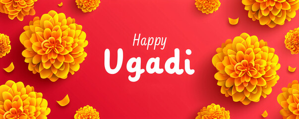 Wall Mural - Happy Ugadi on red background with marigold flowers and mango leaves. Indian hindu holidays. Hindu New Year celebration greeting card