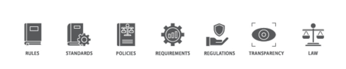 Wall Mural - Compliance icon set flow process illustrationwhich consists of law, requirements, transparency, regulations, policies, standards, rules icon live stroke and easy to edit 