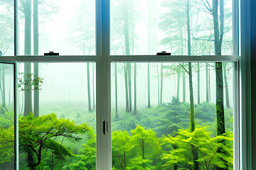  숲이 보이는 창문,편안한 아침 분위기