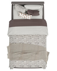 Poster - Kid's bed, top view, linen fabric  duvet cover, pillows, beige blanket, 3d rendering, on transparent background	