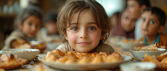 a many children sitting at a table with plates of food