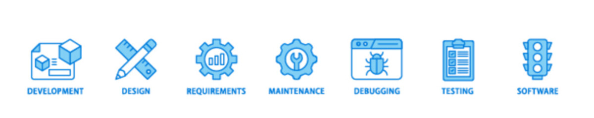 Agile banner web icon illustration concept with icon of development, design, requirements, maintenance, debugging, testing and software icon live stroke and easy to edit 