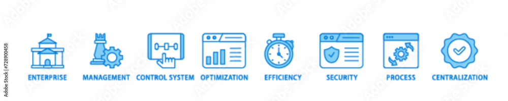 Industrial control system icon set flow process illustrationwhich consists of enterprise, management, control system, optimization, efficiency icon live stroke and easy to edit 