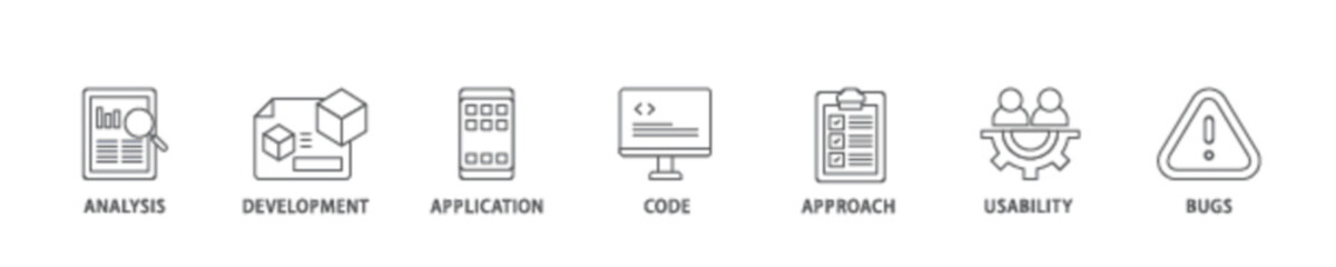 Software testing icon set flow process illustrationwhich consists of bugs, code, usability, approach, application, development, analysis icon live stroke and easy to edit 