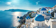 © Ars Nova - Santorini Thira island in southern Aegean Sea, Greece daytime. Fira and Oia town with white houses overlooking cliffs, beaches, and small islands panorama background wallpaper