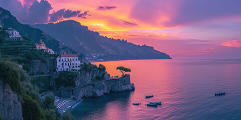 Wall Mural - Amalfi coast coastline in Sorrentine Peninsula, Campania region, Italy. Holiday destination shoreline with hills, beaches, and cliffs, sea view, sunset golden hour wallpaper