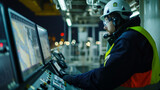 Fototapeta  - Onboard a highly trained crew closely monitors the cargo hold where the LNG is stored at a temperature of 163 degrees Celsius. Any change in temperature or pressure could
