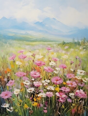 Canvas Print - Art oil painting with meadow mountain flowers in spring